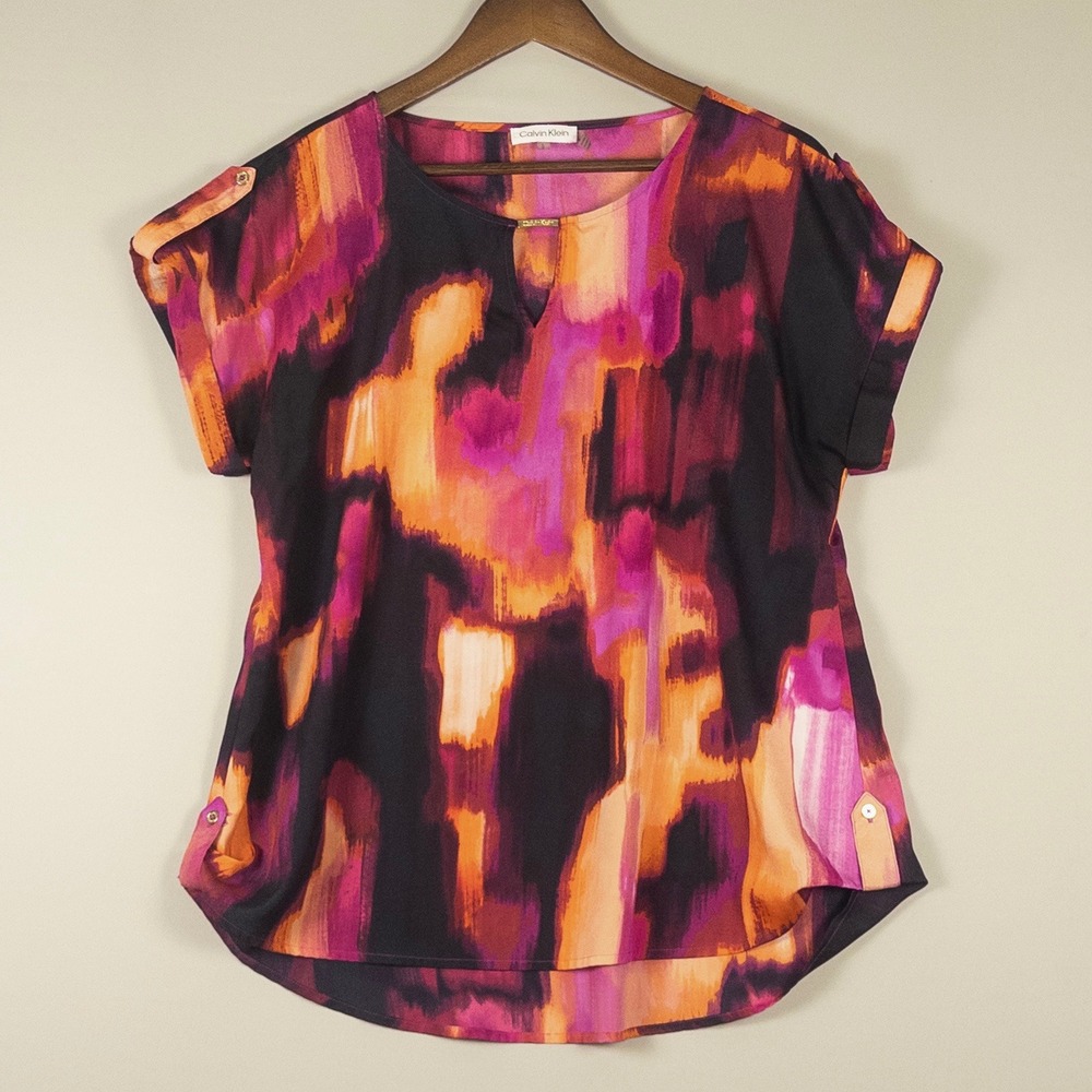 Calvin Klein Women Large Abstract Purple Orange Short Sleeve Keyhole Blouse